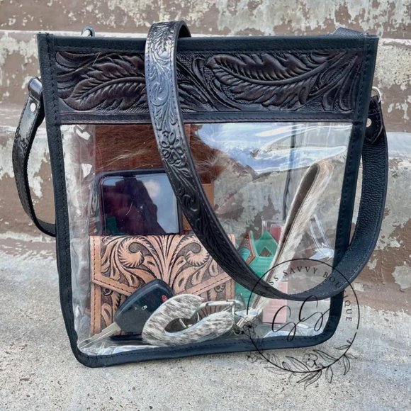 Tooled Black Leather Clear Stadium Bag - Picture 1 of 2